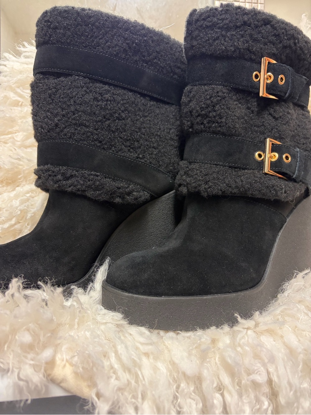 Jessica Simpson Black Shearling Wedge Boots with Gold Buckles